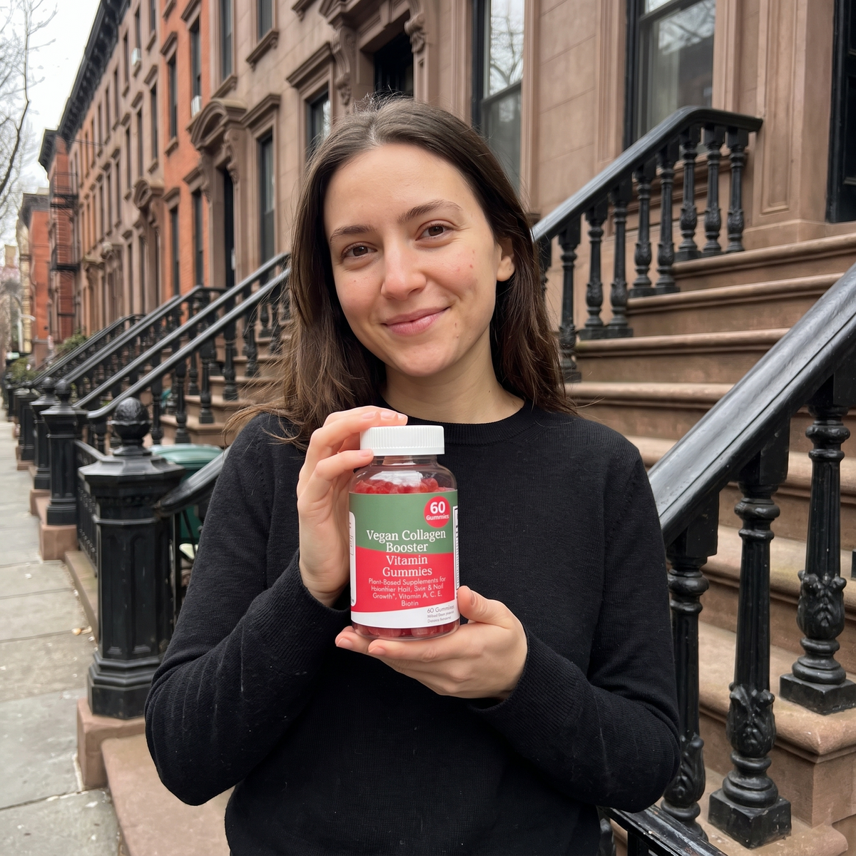 Woman posing with Vegan Collagen Booster Gummies in front of an NYC brownstone